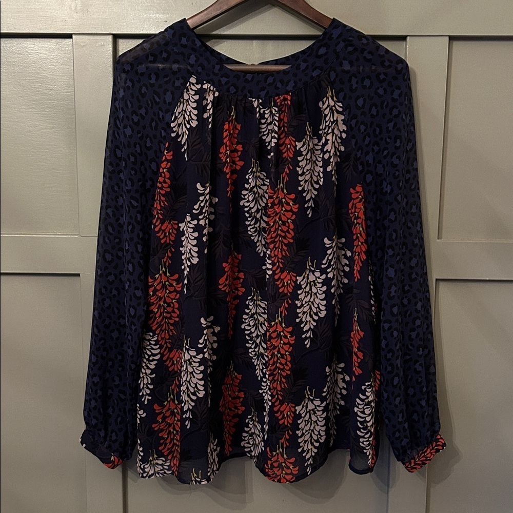 Boden Blouse Floral Leopard Print Long Sleeves Size 14